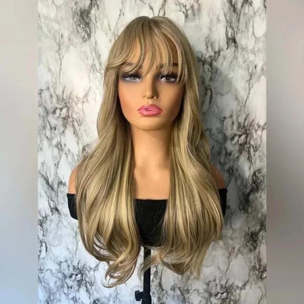24 Inch Long Wave highlights Blonde wig with bangs